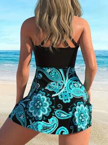 Conjunto De Traje De Baño Con Estampado Floral,Falda Con Abertura Y Cordón Cruzado Para Mujer,Traje De Baño Dos Piezas Estampado Para Mujer - Azul - Ver 2