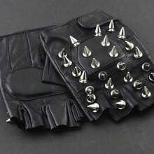 Full Spike Rivet Men Leather Fingerless Gloves Punk Dancing Party EMO Gloves - 黑色 - 查看 3