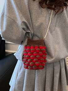Women's Summer Woven Pearl Handbag, Cute Raspberry Crochet Knit Phone Pouch Crossbody Bag