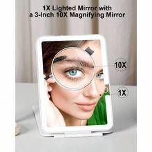 Rechargeable Travel Makeup Mirror With Lights Portable Lighted Vanity 10X Magnification 70 LEDs 3 Color Dimmable Touch Screen Tabletop Folding Compact Cosmetic - White - View 3