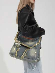 复古超大水洗棉牛仔单肩包，Y2K 复古斜挎包，时尚百搭休闲通勤牛仔斜挎包，不对称系带，木珠装饰，轻便手提包，可调节肩带 - 藍色 - 查看 8