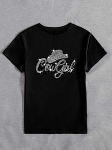 活力牛仔图案短袖 T 恤，镶嵌璀璨钻石，宽松休闲，适合女性，适合节日、派对和所有季节