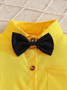 男童休闲纯色短袖领衬衫，配领结，适合夏季休闲、户外、婚礼、节日、学院、绅士 - 黃色 - 查看 3