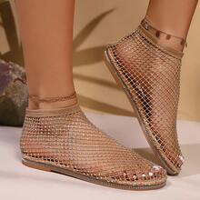 Sandali con strass decorativi in rete da donna, sandali estivi con suola piatta glitterata in stile vacanze, colore oro - Dorato - Visualizzare 1