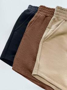 3pcs Summer Sweatshirt Shorts Kit With Drawstring Pocket For Women - Marrom/bege/preto - 查看 3