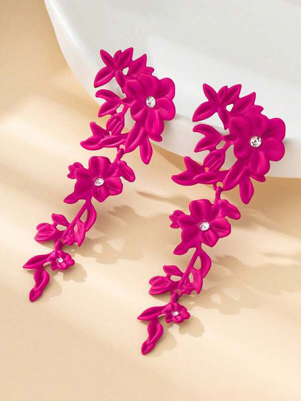 1 Pair Gothic Style Floral Earrings With Crystal Inlaid, Leaf Pendant Design, Gifts For Lovers And Friends