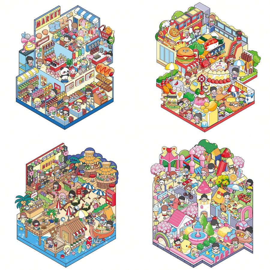 大尺寸彩色可爱 3D 卡通贴纸场景，DIY 房屋贴纸，适合海滨音乐节、美食街、3D 微型场景贴纸，适合成人儿童缓解压力，打发时间
