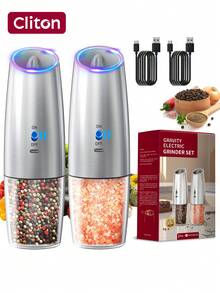 CLITON 1pc/2pcs Stainless Steel Electric Pepper Grinder, Gravity Switch - Rechargeable 500mAh Battery And 135mL LED Lighting Container, Auto On/Off Sensor, Premium Kitchen Gift