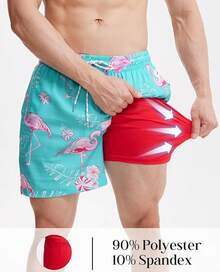 Mens Swim Trunks With Compression Lined Short Bathing Suits For Men 5 Inch Inseam Liner Men's Swimming Trunk - Green Flamingo - View 3