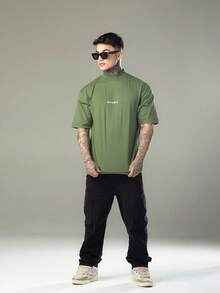 DMUNIZ Oversized Streetwear Turtleneck Printed Chest T-Shirts Kit 2 - 2 苔綠色 - 查看 4