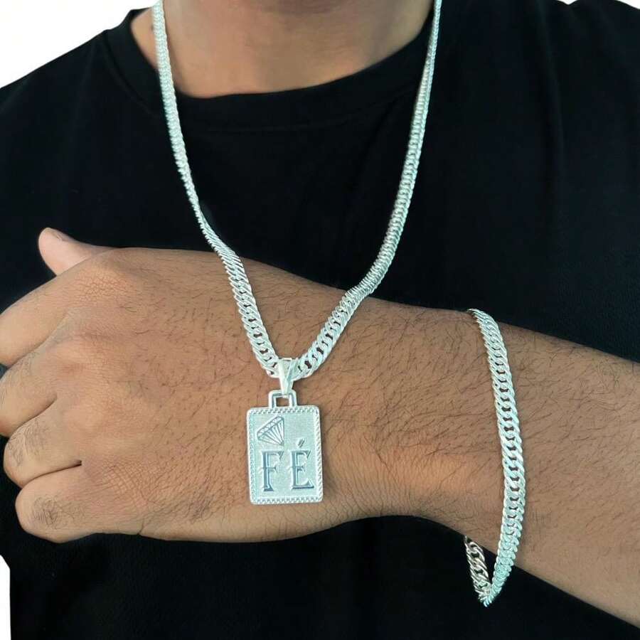 Men's Silver Chain Cord + 5MM Bracelet FAITH Pendant 925 Silver Plated - Silver - View 1