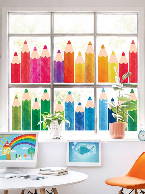 27pcs Watercolor Pencil Window Clings Double-Sided Window Stickers Colorful Pencils Window Decals For First Day Of School Back To The School Classroom Wall Glass Blackboard Decorations,Classroom Decor,9 Sheets