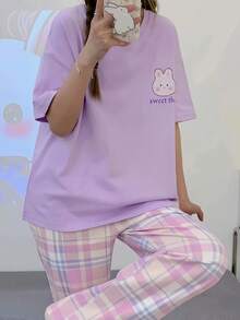 Teenager Girls Short Sleeve Top And Pants Set, Cartoon Rabbit Print Crew Neck Summer Outfit