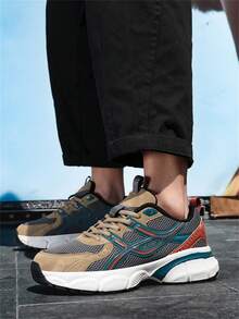 Plus Size Men's Casual Sneakers, Low-Top Rubber Sole Mesh Shoes, Fashion Street Style Breathable Training Shoes 2000s Style Valentine's Day Ideas - Khaki - View 3