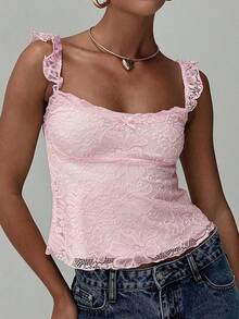 Sexy Lace Ruffled Strap Bow Design Lace Patchwork Sleeveless Tank Top, Spring/Summer New Arrival Casual Pink - Pink - View 1