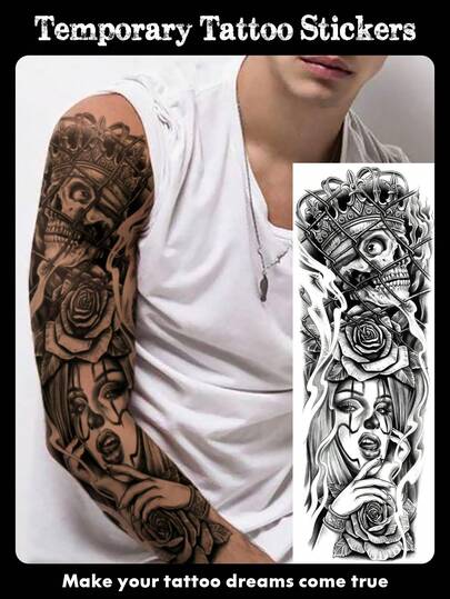 1 Sheets Extra Large Full Arm Size Body Art Temporary Tattoo Stickers For Men And Women, Black 3d Skull Crown Clown Girl Chicano Street Style Pattern, Waterproof Fake Sleeves Tattoos, Lasts 2-5 Days, Covering Scars, Can Be Used On Arms Wrist Shoulders Legs Waist Neck Hand Chest Thighs Finger, Best Friend Couple Party Tattoo