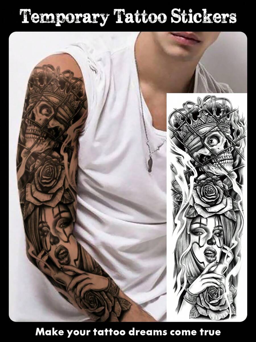 1 张超大全臂尺寸人体艺术临时纹身贴纸，男女适用，黑色 3D 骷髅皇冠小丑女孩奇卡诺街头风格图案，防水假袖纹身，持续 2-5 天，遮盖疤痕，可用于手臂手腕肩腿腰颈手胸部大腿手指，闺蜜情侣派对纹身 - 黑色 - 查看 1