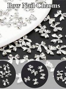 20 件 3D 悬垂蝴蝶结饰物 - 液态银合金丝带，带爪镶水钻和防钩（2 种款式混合）美甲用品 美甲 美甲饰物 美甲宝石