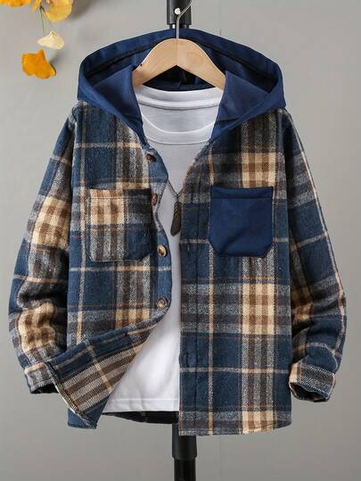 Boys' Hooded Jacket Brushed Plaid Pocket Casual Shacket