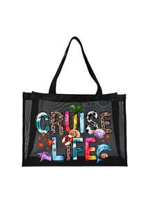 1 件装网状沙滩包尼龙材质字母印花沙滩网手提包，容量大，自己使用或赠送他人，返校用品沙滩包，防水背包度假包，适合朋友、妈妈、老师、母亲节礼物，夏季必备品，沙滩必备品 - 彩色 - 查看 3