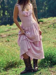 Women's Square Neck Smocked Maxi Dresses 2025 Summer Beach Sundress Casual Swing Ruffle Flowy Tiered Long Dress - Hồng - Xem 1