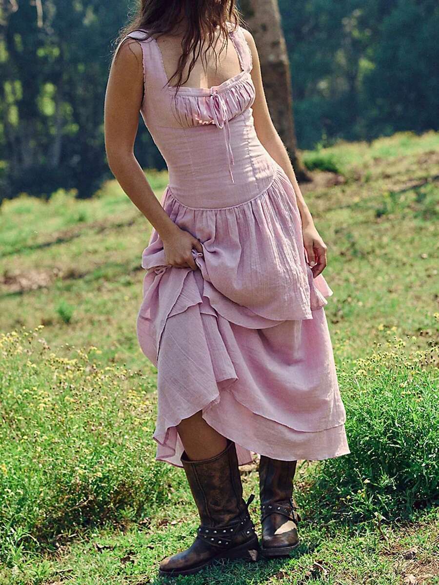 Women's Square Neck Smocked Maxi Dresses 2025 Summer Beach Sundress Casual Swing Ruffle Flowy Tiered Long Dress - Hồng - Xem 1