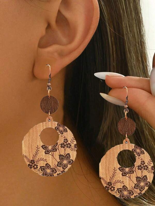 1 Paio di Orecchini Boho Vintage Con Stampa Floreale Su Fetta Di Legno Per Donne