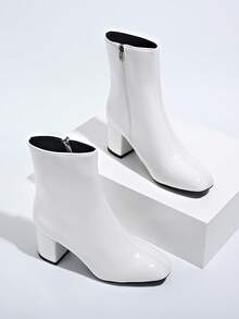 秋冬女式白色踝靴 - 封闭式鞋头粗跟踝靴，侧拉链，休闲切尔西短靴 - 白色 - 查看 3