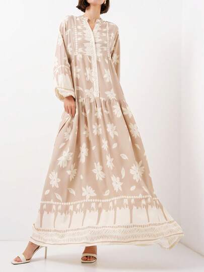 Women's Monochrome Floral And Geometric Print Splicing Lantern Sleeves Half-Open Front Placket Small Stand-Up Collar Dress Split A-Line Loose And Elegant Casual Vacation Maxi Dress