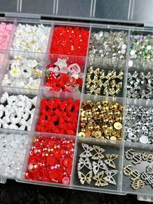 1Box Random Mixed ABS Bows Flowers Pearls Nail Charms Round Water Diamond Y2K Pink Laser Film Gold And Silver Alloy Butterfly Cherry Water Diamond Versatile Nail Art Accessories DIY - 彩色 - 查看 4