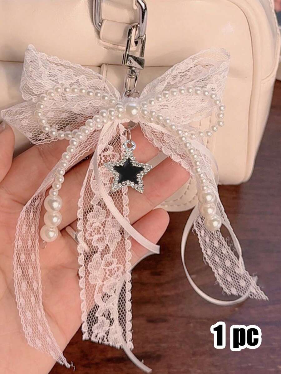 Y2k 可爱简约时尚串珠珍珠蝴蝶结包包吊坠，闪耀炫彩光芒，蝴蝶结配彩色花朵，DIY纯色蕾丝铆钉珍珠领结吊坠手机壳吊坠，蝴蝶结丝带，多功能DIY钥匙扣/包包吊坠套装，适合情侣、女士、女孩和闺蜜日常外出佩戴。节日礼物的理想之选。 - 彩色 - 查看 1