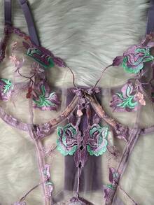 女士性感内衣套装，优雅蕾丝女士紧身胸衣泰迪内衣 3 件套，带吊袜带，Rave - 紫色 - 查看 5