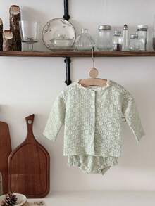 2pcs/Set Baby Girl Casual Hollow Out Long Sleeve Cardigan And Triangle Shorts Set, Summer - Mint Green - View 4