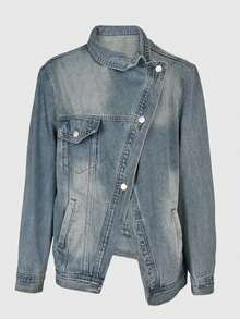 GLOURI Women's Loose Fit Jean Jacket - Asymmetric Slant Placket W/ Multiple Pockets | Long Sleeve Vintage Blue Jean Coat For Streetwear (Winter /Autumn 2025 Fashion) - 藍色 - 查看 5
