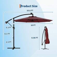 10ft Solar Lights Patio Umbrealla, Outdoor Offset Cantilever Umbrella, Easy Lift & Tilt Adjustment, 8 Ribs Sun Umbrella UV Protection For Market Garden Deck Backyard Pool - 酒紅色 - 查看 2