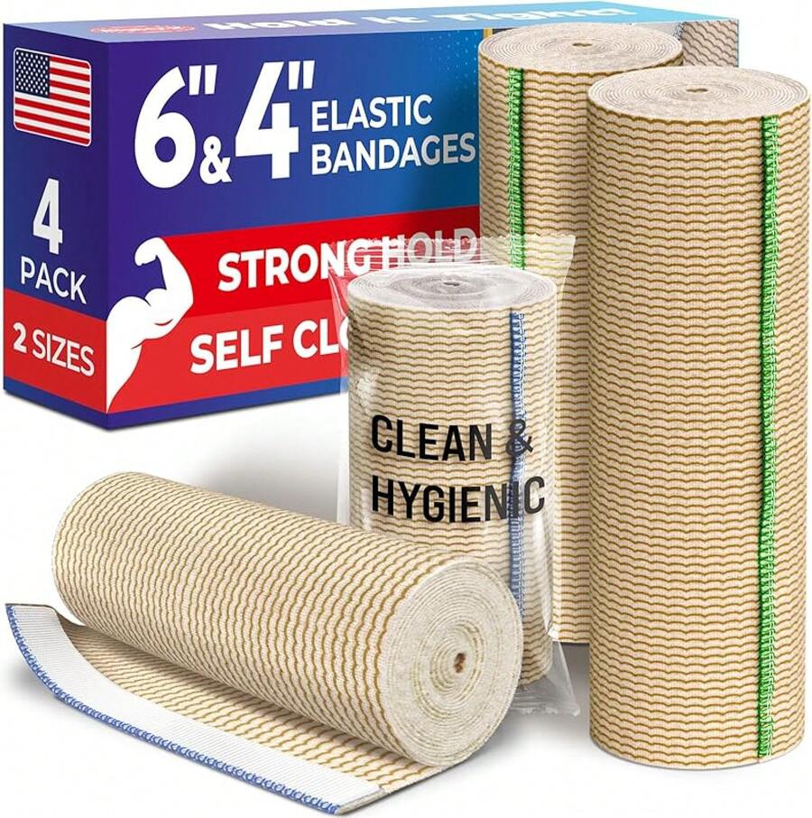 Premium Elastic Bandage Wrap - 6" (2pk) - Strong Compression - Self-Closing Reusable Bandages, Knee, Abdomen, Lymphedema - Body Wrap - Mix 4pk (4in & 6in) - View 1