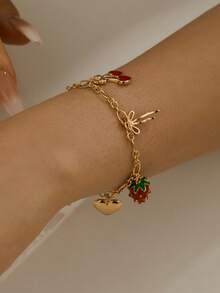 1 件优雅迷人的 18K 镀金铜首饰女士人造水晶小巧可爱红樱桃、草莓、金色蝴蝶结金属链手链配饰，适合女性、夏季、时尚夏季、海滩、度假、日常、购物、约会、派对、送给女朋友的礼物、母亲节 - 金色 - 查看 4