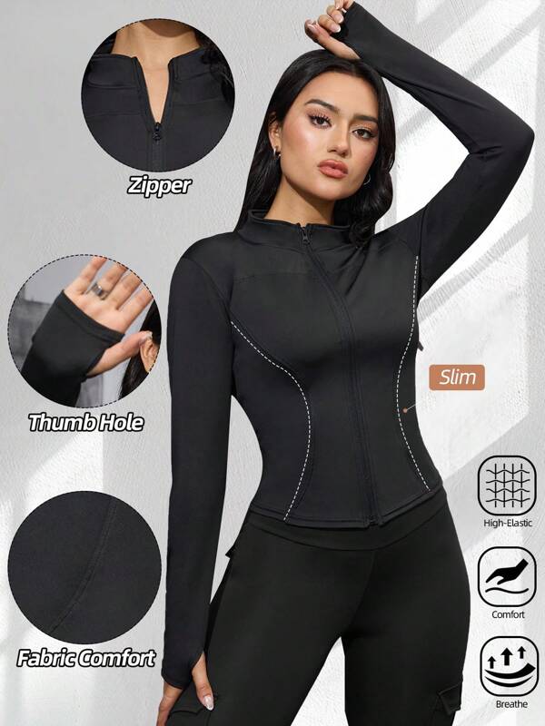 Women's Outdoor Jacket, Solid Color Zipper Closure Tight Fitting Long Sleeve Top, Suitable For Cycling, Outdoor Sports, Yoga, Fitness, Comfortable Daily Casual Sports Jacket
