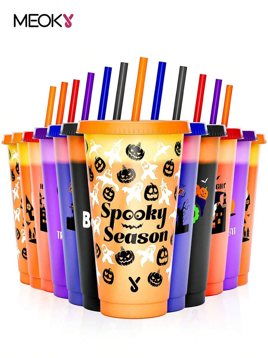 带盖和吸管的塑料变色杯，适用于冰咖啡、派对、泳池 - 可重复使用的塑料杯，适合儿童和成人