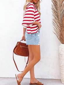 Casual Minimalist Striped Pattern Round Neck Short Sleeve Loose Women's T-Shirt, Suitable For Summer, Oversized T Shirt