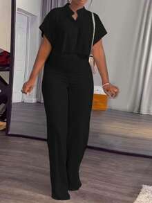 2pcs Women Summer Solid Collarless Short Sleeve Blouse + Elegant Wide Leg Long Pants Set - Black - View 1