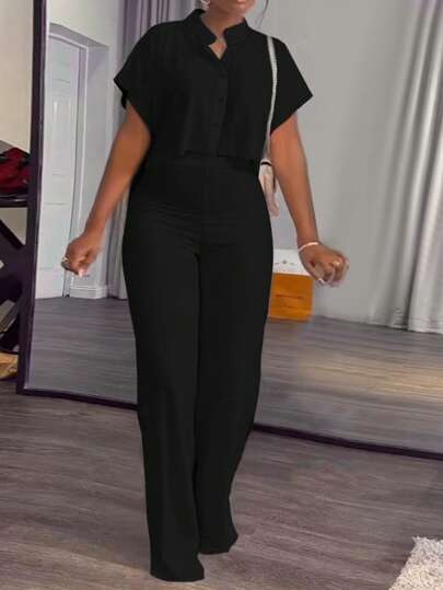 Conjunto de 2 piezas para mujer de blusa de manga corta sin cuello de unicolor + pantalones anchos y elegantes de pierna larga