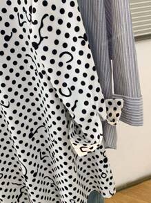 Women's High-Low Hem Polka Dot Print Longline Collared Shirt - Stage-Ready Concert Blouse For Date Nights/Festivals/Travel, All-Season Versatile Oversized Top With Front-Crop Design