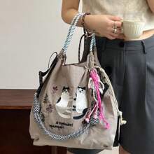 New Women's Crossbody Bag Nylon Shopping Bag Cat Embroidery Lightweight Tote Bag Folding Storage Suitable For Commuting Travel Leisure Outdoor Party Holiday Gifts
