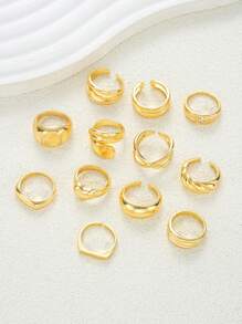 12pcs Chunky Heart Textured Wavy Criss-Cross Minimalist Plain Ring Set With Crystal Rhinestone, Metallic Chunky Oversized Rings Collection, Fashionable Elegant Vintage Design For Holiday Party, Gift, Daily Wear