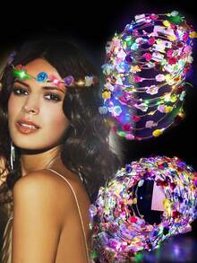 Hawaii/Rose Wreath Set LED Luminous Headband Headband Party Garland, Suitable For Night Glow Wedding Party Hair Accessories, Concerts, Valentine's Day, Holiday Celebrations, Wedding Banquets, Weddings, Birthdays, Valentine's Day, Graduation Ceremonies, Holiday Celebration Atmosphere, Carnival Party Decorations And Supplies For Single Men And Women - 混色 - 查看 17