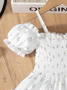 Vestido corto con estampado floral, tirantes descubiertos, mangas cortas y dobladillo con volantes, para niña, uso casual diario/al aire libre en verano
