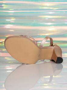 春夏女士圆头露趾厚底高跟鞋，香槟色闪亮交叉粗跟凉鞋，时尚迷人的派对/婚礼鞋 - 香檳色 - 查看 6