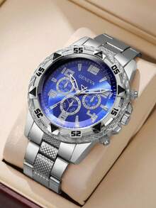 1 件男士高端大表盘金色合金和不锈钢石英表，带蓝光玻璃，圆形表盘，非机械