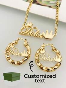 1 Set di gioielli personalizzati con nome, orecchini a cerchio con nome, collana personalizzata, ciondolo con targhetta in oro, gioielli fatti a mano, in acciaio inossidabile 18k, collana a doppio strato personalizzata, inclusa confezione regalo elegante, nero, argento, oro, elegante, colorato, vintage, semplice, unisex, casual, carino, personalizzato, unico, regalo ideale per lui, regalo ideale per lei, lei, ragazzo, ragazza, papà, mamma, famiglia, amici, per anniversari, per compleanni, per laurea, per il ballo, per feste, gioielli di moda personalizzati - Corona d'oro - Visualizzare 2